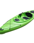 Deck view of the Cambridge Kayaks single sit inside leisure fishing kayak in lime green, highlighting storage hatch, footwell, and front carry handle.