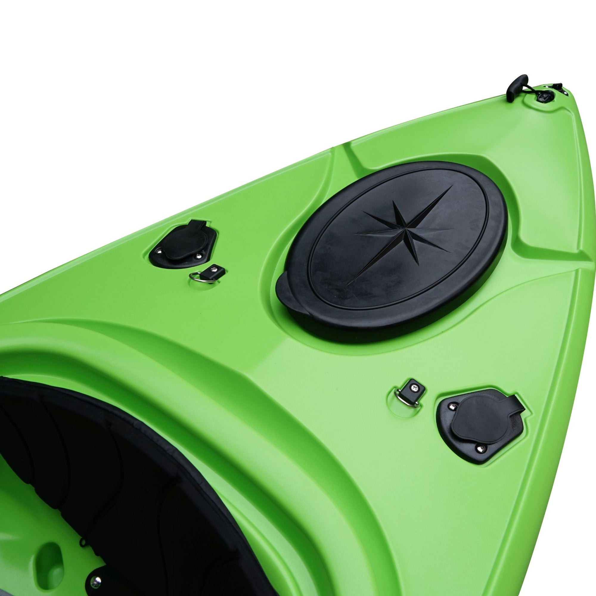 Cambridge Kayaks single sit inside leisure fishing kayak in lime green, front angled view showing bright high-visibility colour and compact lightweight design.