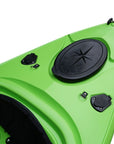 Cambridge Kayaks single sit inside leisure fishing kayak in lime green, front angled view showing bright high-visibility colour and compact lightweight design.