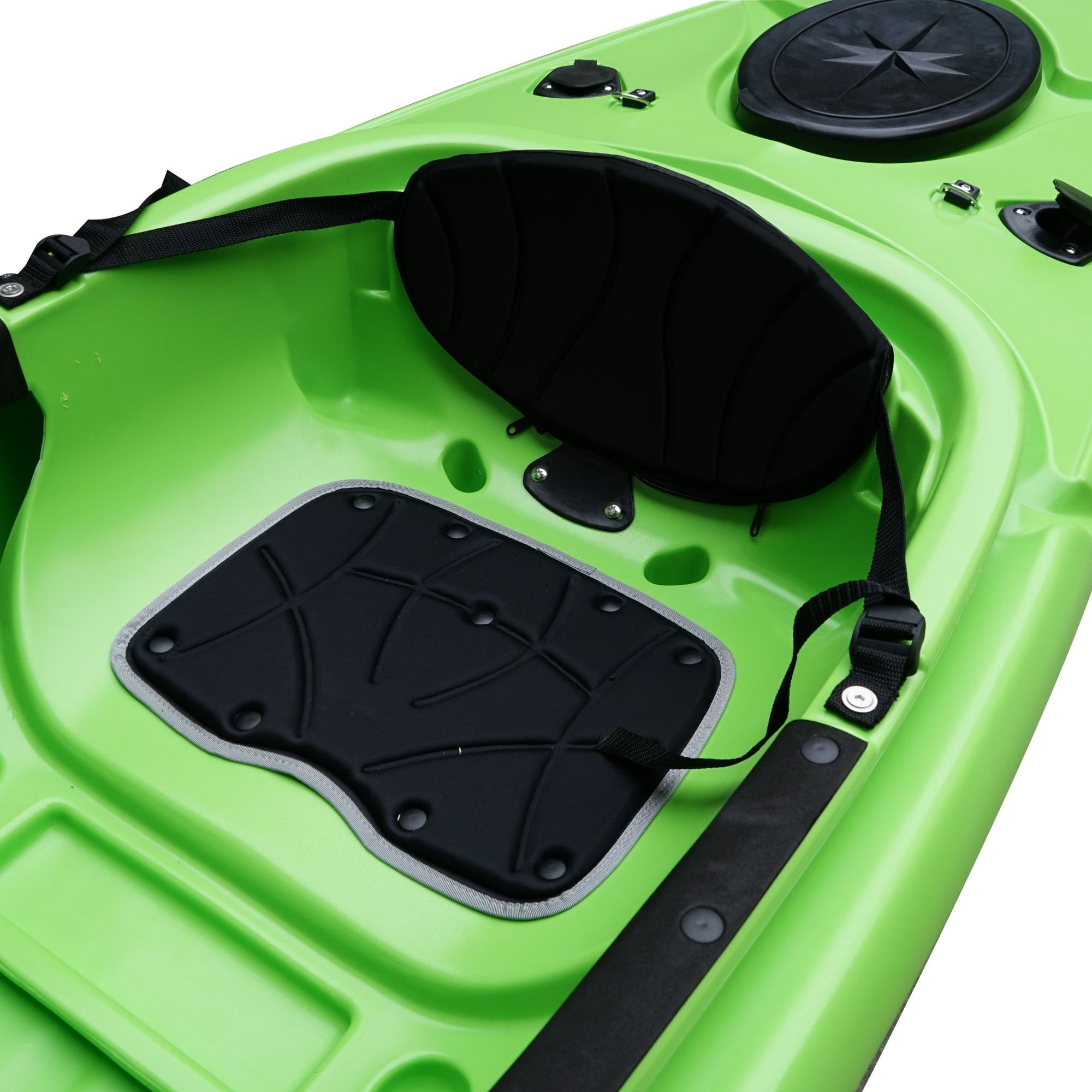 Side profile of the Cambridge Kayaks single sit inside leisure fishing kayak in lime green, lightweight solo kayak for leisure, touring, and fishing.