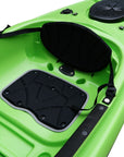 Side profile of the Cambridge Kayaks single sit inside leisure fishing kayak in lime green, lightweight solo kayak for leisure, touring, and fishing.
