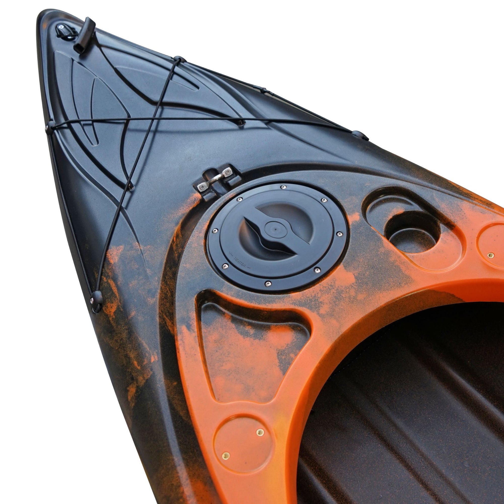 Cockpit view of the Cambridge Kayaks single sit inside leisure fishing kayak in orange black fade, showcasing adjustable seat area and foot placements.
