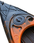 Cockpit view of the Cambridge Kayaks single sit inside leisure fishing kayak in orange black fade, showcasing adjustable seat area and foot placements.
