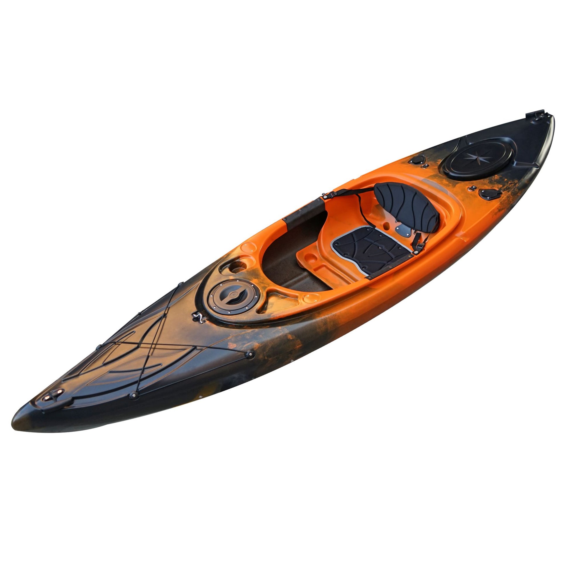 Deck detail of the Cambridge Kayaks single sit inside leisure fishing kayak in orange black fade, focusing on hatch cover and integrated storage design.