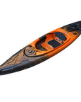 Deck detail of the Cambridge Kayaks single sit inside leisure fishing kayak in orange black fade, focusing on hatch cover and integrated storage design.