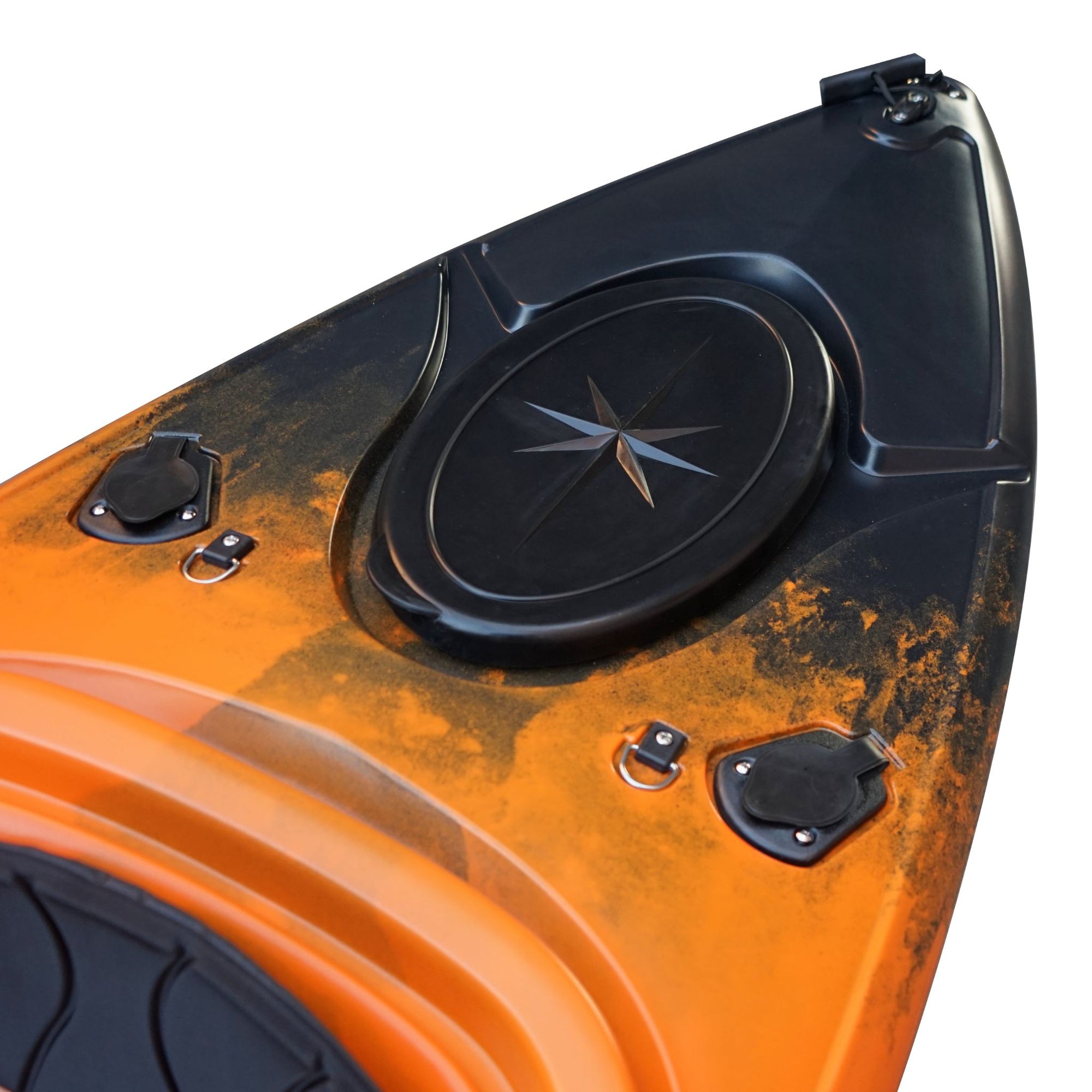 Cambridge Kayaks single sit inside leisure fishing kayak in orange black fade, front view showing bold colour blend and strong construction for stability.