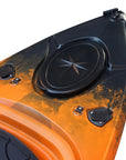 Cambridge Kayaks single sit inside leisure fishing kayak in orange black fade, front view showing bold colour blend and strong construction for stability.