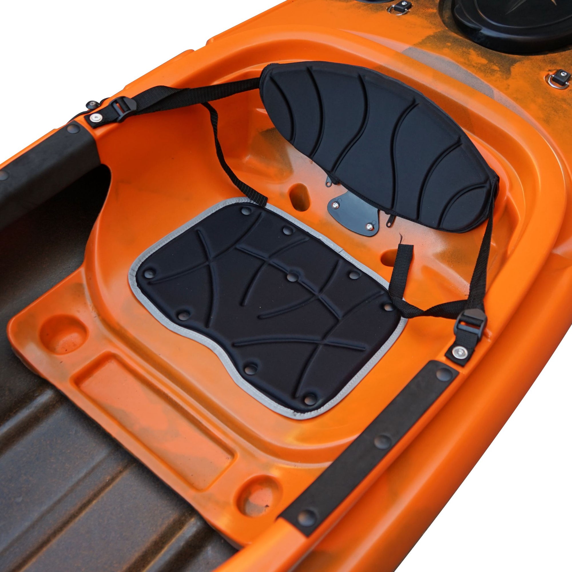 Side profile of the Cambridge Kayaks single sit inside leisure fishing kayak in orange black fade, stylish fade design with durable and stable hull.