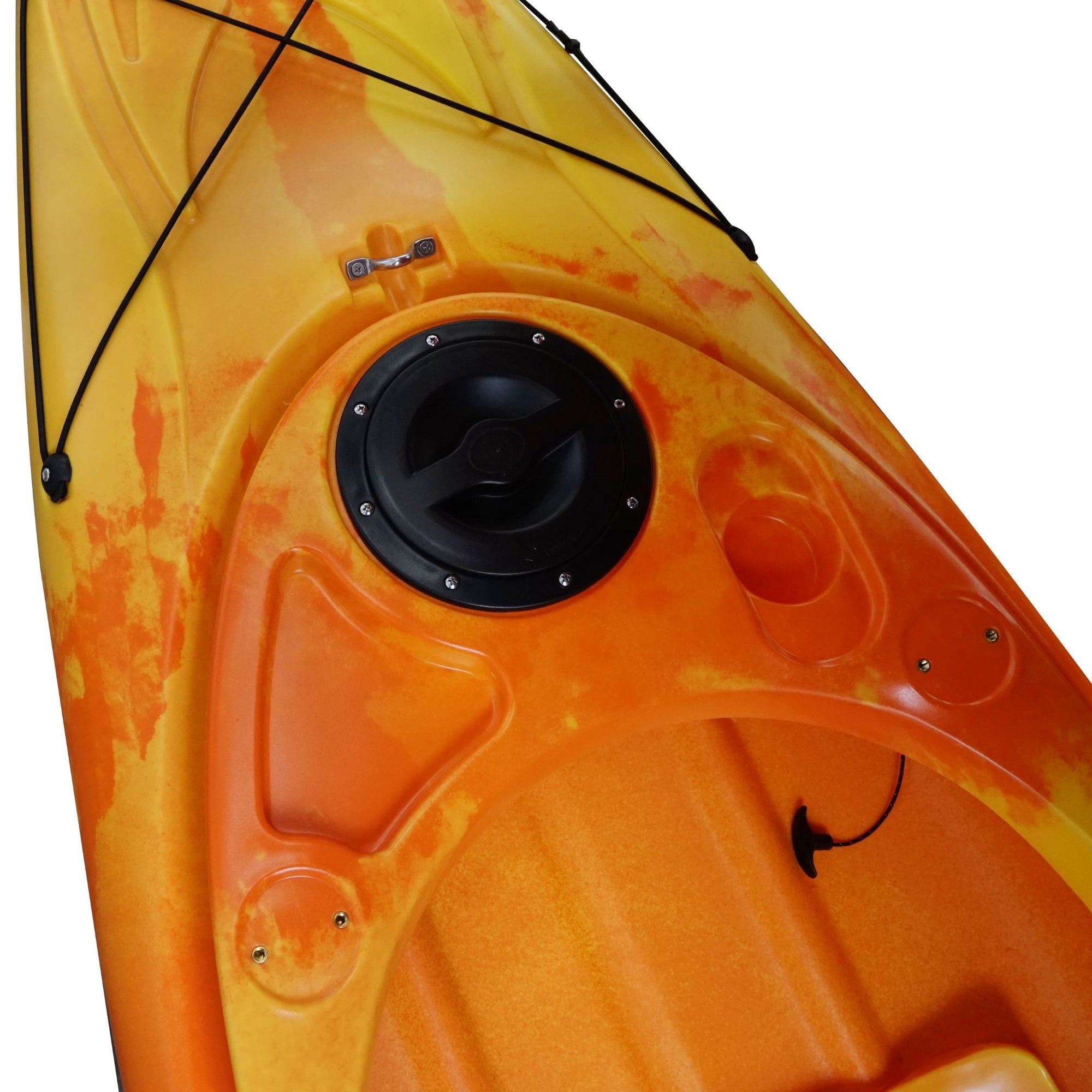 Close-up of the Cambridge Kayaks single sit inside leisure fishing kayak in orange yellow camo, featuring detailed seating area and front hatch setup.