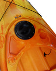Close-up of the Cambridge Kayaks single sit inside leisure fishing kayak in orange yellow camo, featuring detailed seating area and front hatch setup.