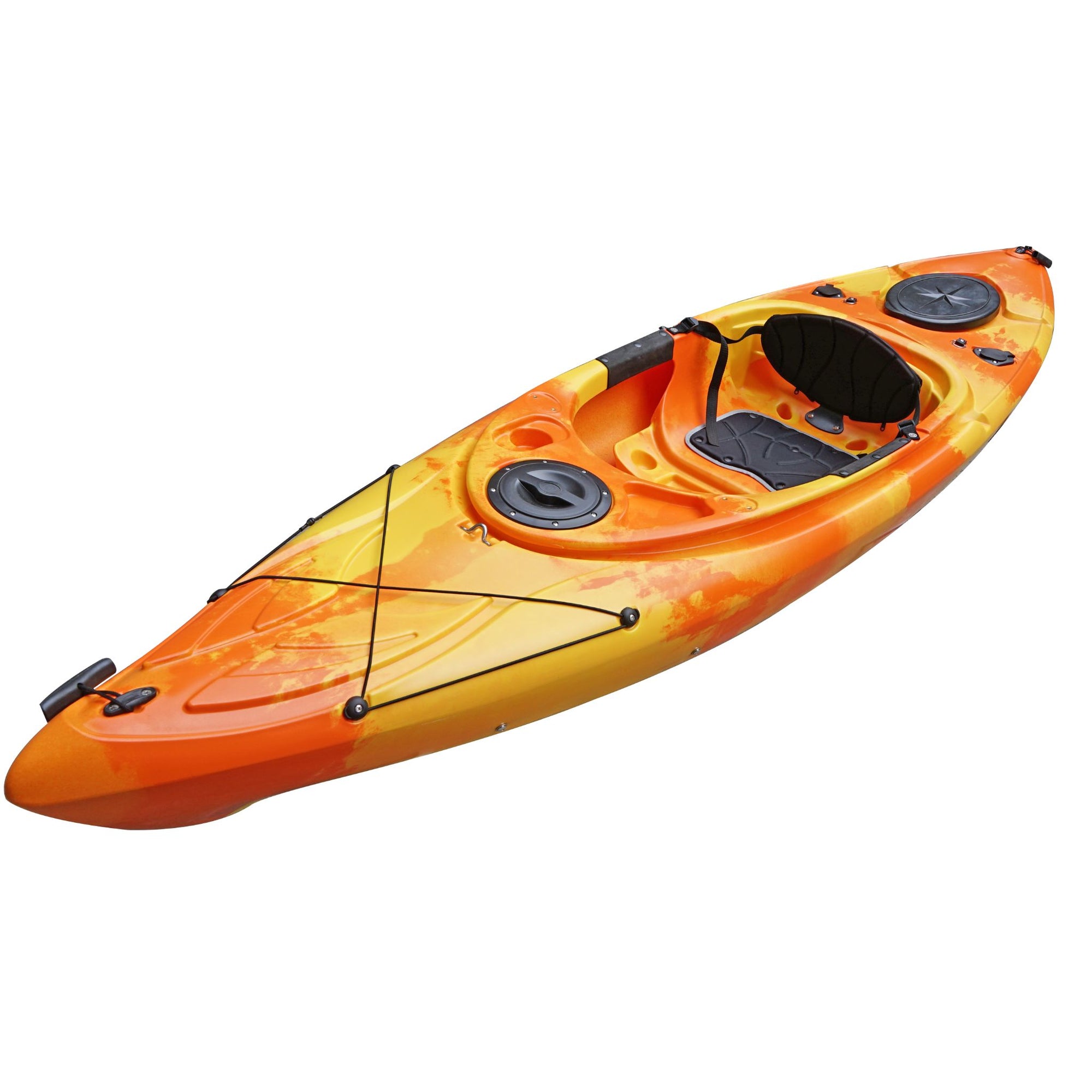 Deck detail of the Cambridge Kayaks single sit inside leisure fishing kayak in orange yellow camo, showing front storage hatch and accessory rigging.