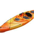 Deck detail of the Cambridge Kayaks single sit inside leisure fishing kayak in orange yellow camo, showing front storage hatch and accessory rigging.