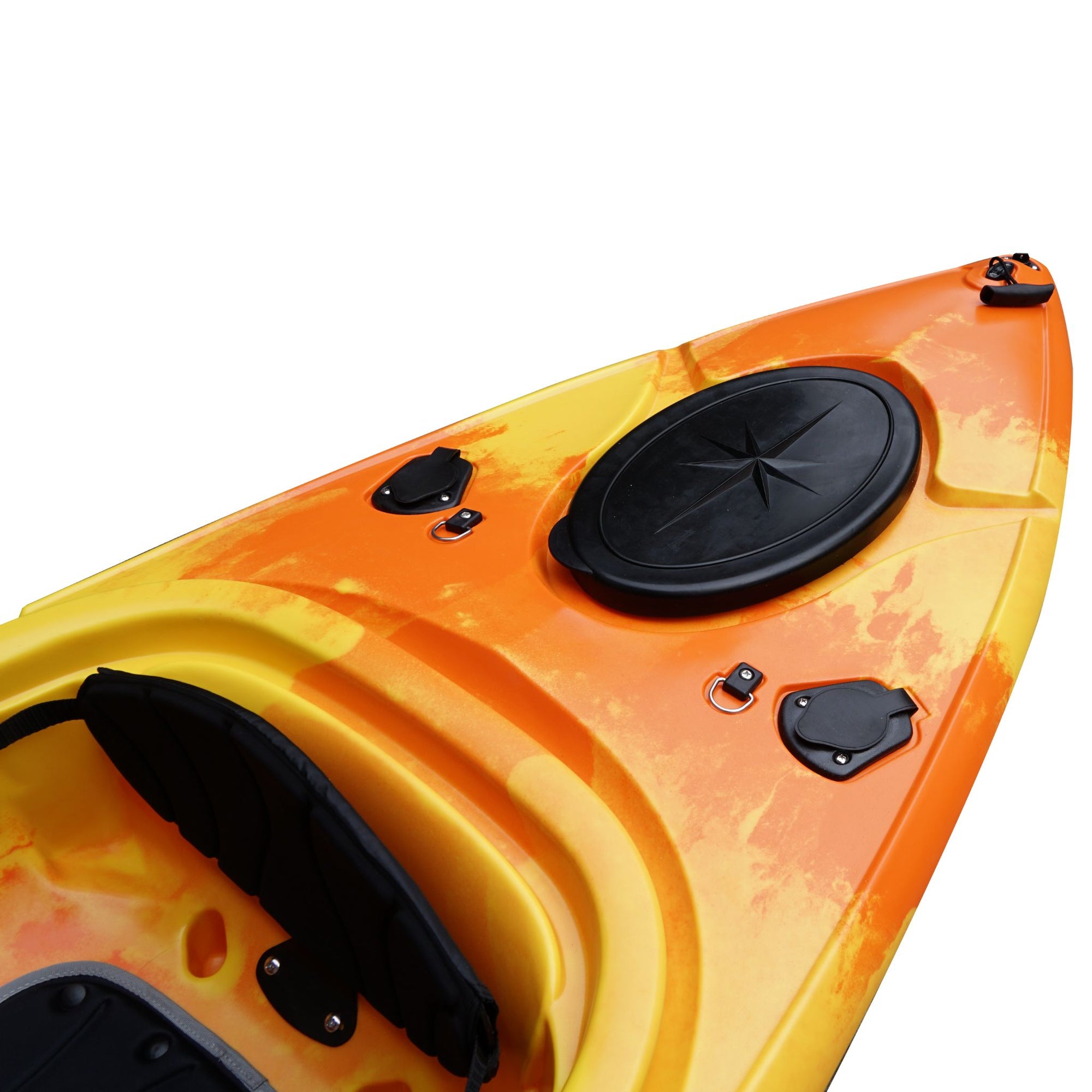 Cambridge Kayaks single sit inside leisure fishing kayak in orange yellow camo, front angled view with vibrant camouflage finish and touring-ready shape.
