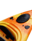 Cambridge Kayaks single sit inside leisure fishing kayak in orange yellow camo, front angled view with vibrant camouflage finish and touring-ready shape.