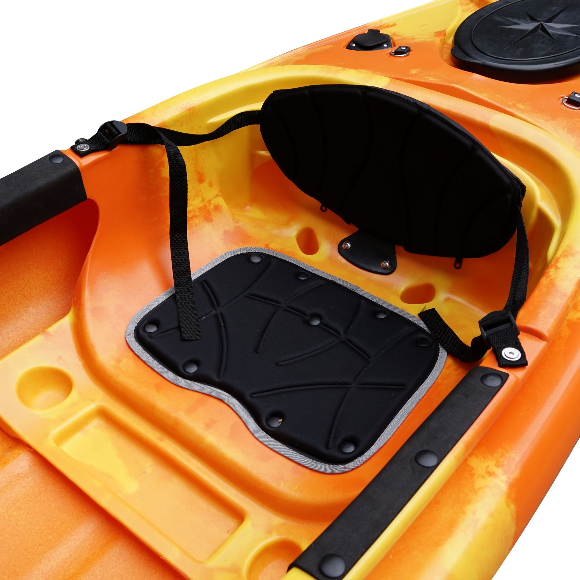 Side profile of the Cambridge Kayaks single sit inside leisure fishing kayak in orange yellow camo, perfect for lakes, calm seas, and day fishing.