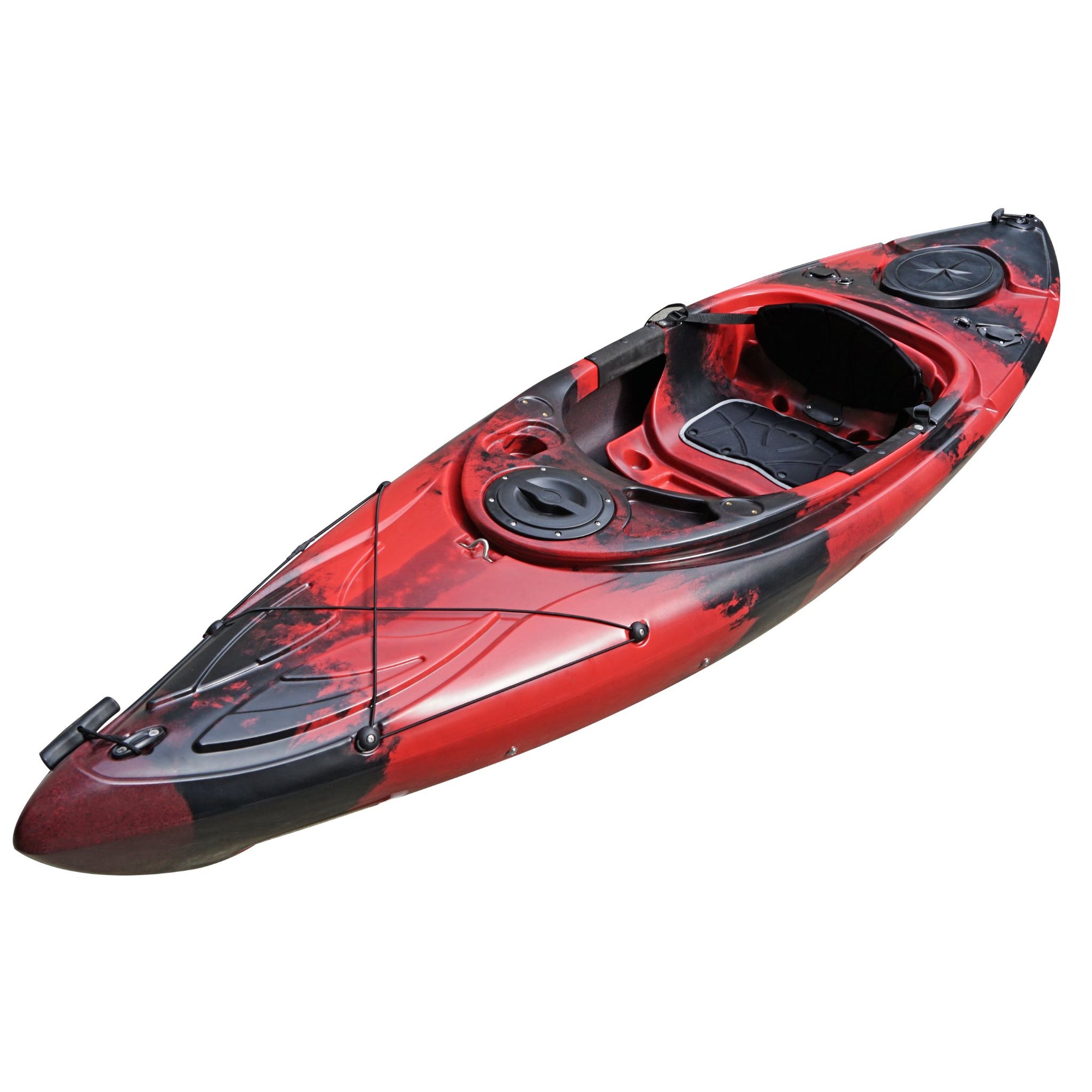 Cockpit close-up of the Cambridge Kayaks single sit inside leisure fishing kayak in red black camo, featuring waterproof hatch and contoured footwells.