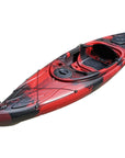 Cockpit close-up of the Cambridge Kayaks single sit inside leisure fishing kayak in red black camo, featuring waterproof hatch and contoured footwells.
