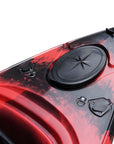 Deck detail of the Cambridge Kayaks single sit inside leisure fishing kayak in red black camo, emphasizing hatch cover, tie-downs, and durable fittings.