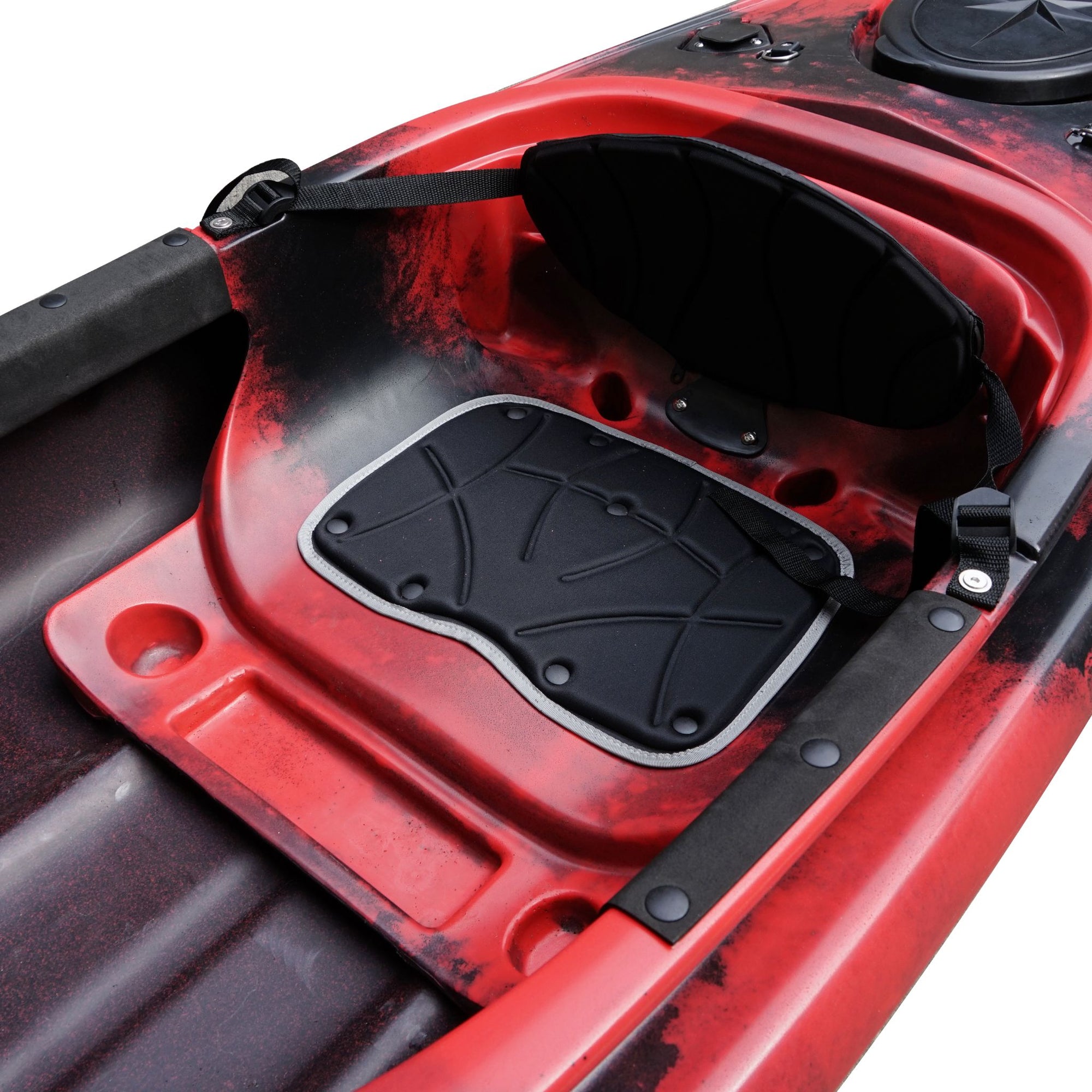 Cambridge Kayaks single sit inside leisure fishing kayak in red black camo, front angled view showing rugged camouflage finish and streamlined hull.