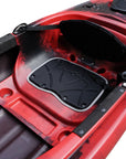 Cambridge Kayaks single sit inside leisure fishing kayak in red black camo, front angled view showing rugged camouflage finish and streamlined hull.