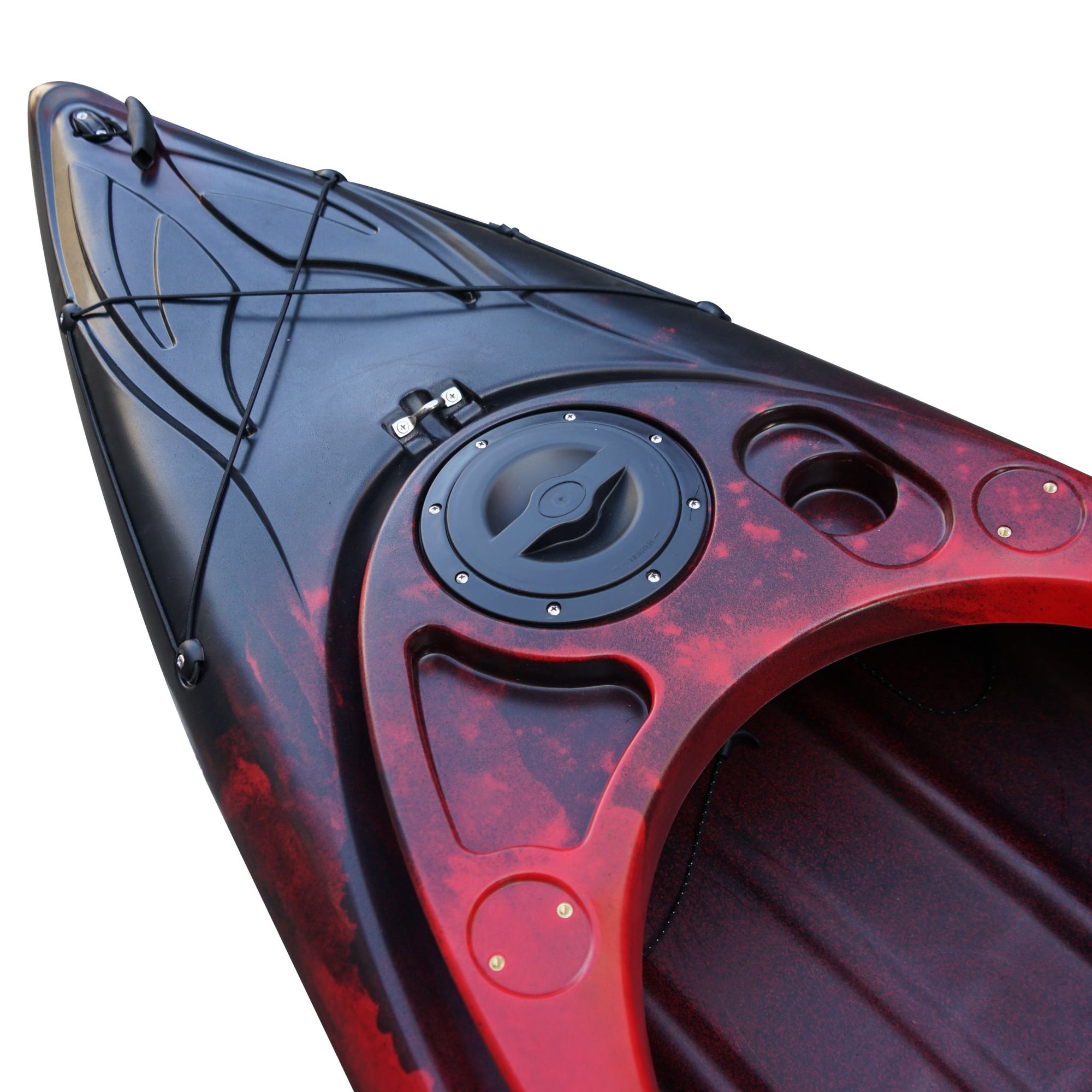 Side profile of the Cambridge Kayaks single sit inside leisure fishing kayak in red black camo, perfect for adventure paddling and day touring.