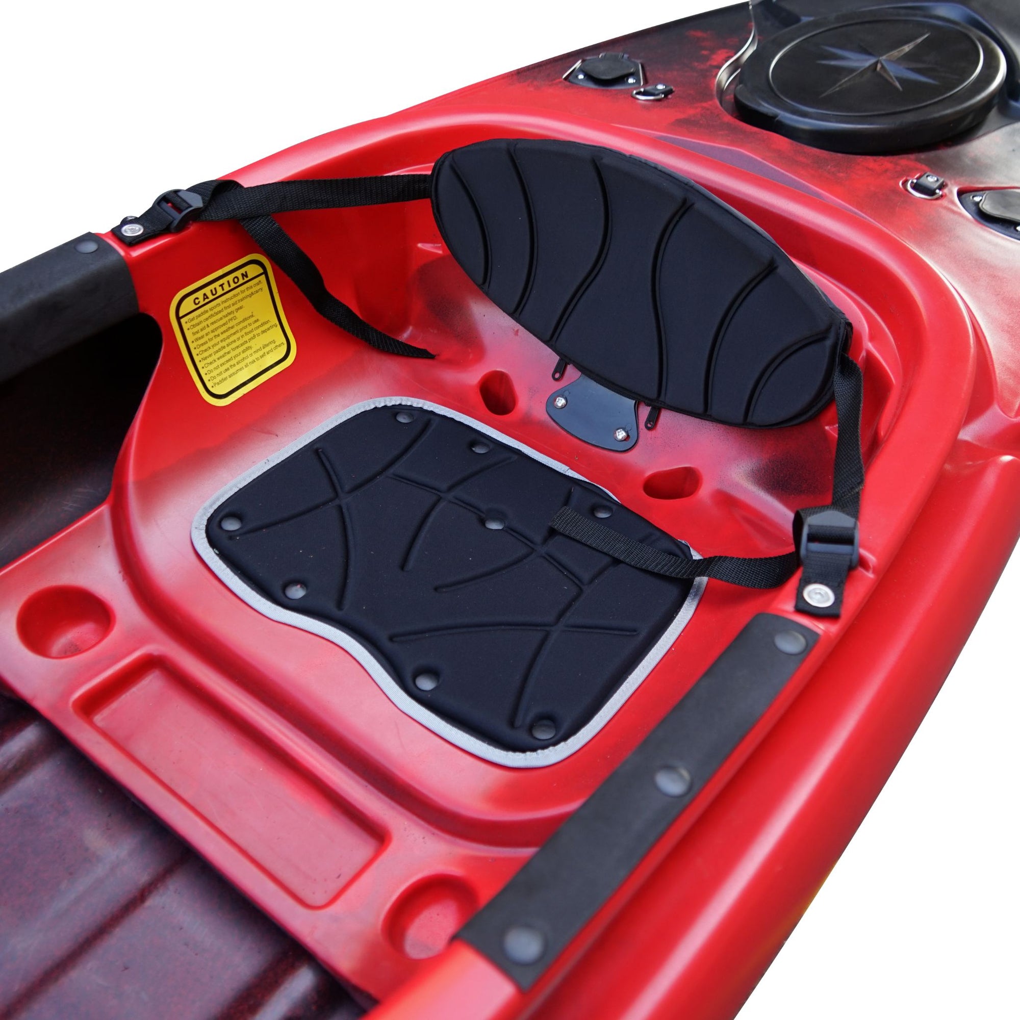 Close-up of the Cambridge Kayaks single sit inside leisure fishing kayak in red black fade, showing padded seat area, waterproof hatch, and smooth deck finish.