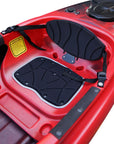 Close-up of the Cambridge Kayaks single sit inside leisure fishing kayak in red black fade, showing padded seat area, waterproof hatch, and smooth deck finish.