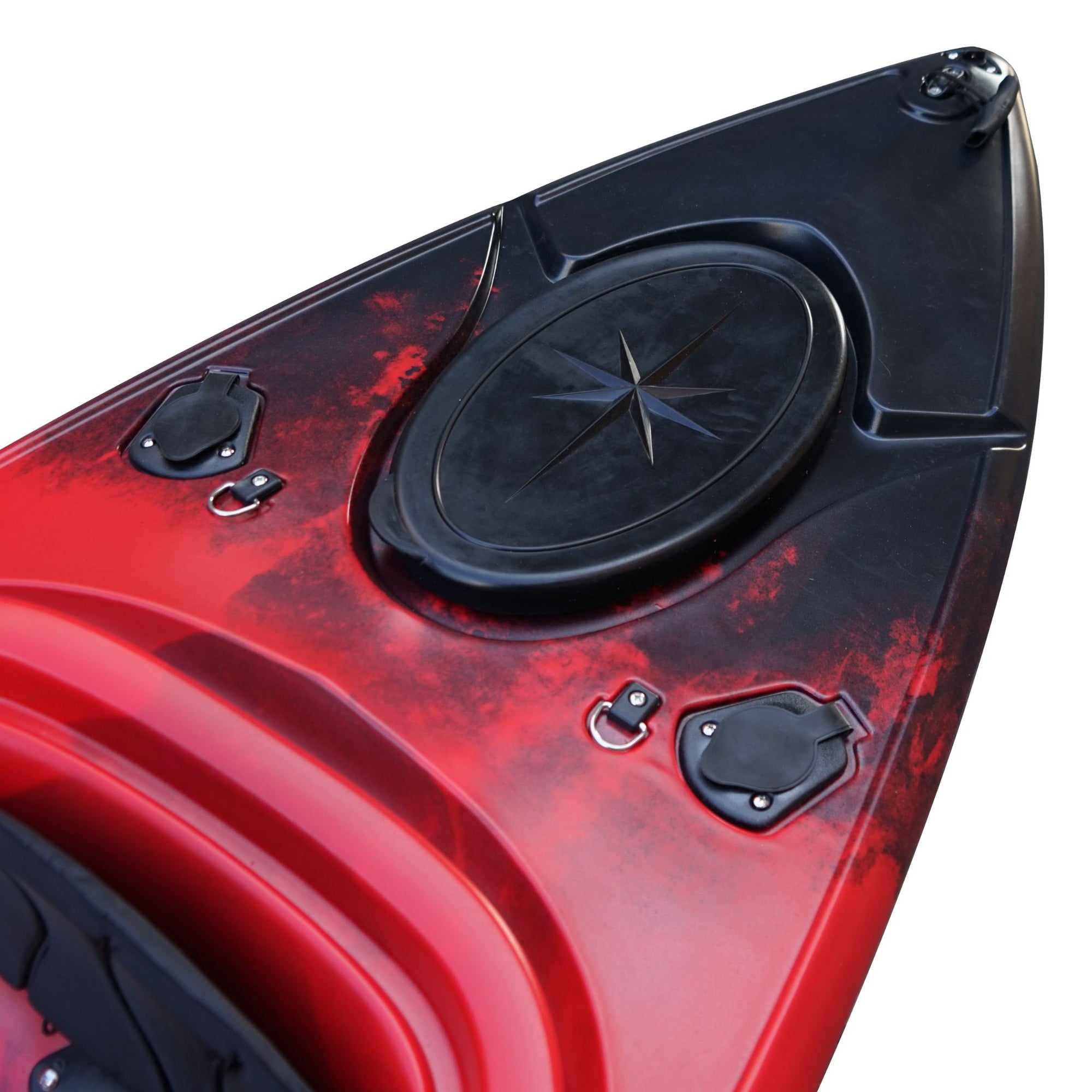 Deck view of the Cambridge Kayaks single sit inside leisure fishing kayak in red black fade, highlighting sturdy hatch seal and storage compartment.