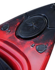 Deck view of the Cambridge Kayaks single sit inside leisure fishing kayak in red black fade, highlighting sturdy hatch seal and storage compartment.