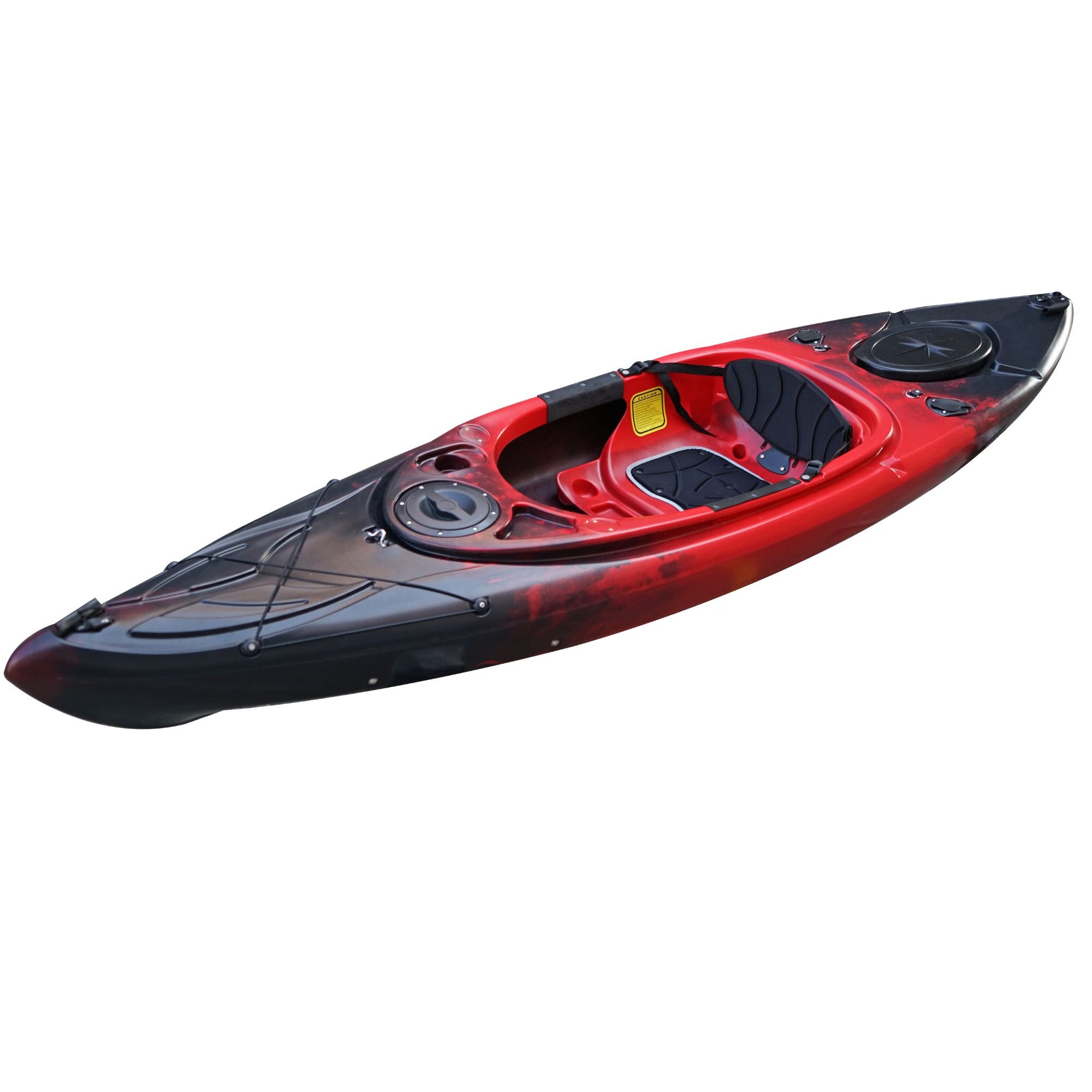 Cambridge Kayaks single sit inside leisure fishing kayak in red black fade, front angled view with striking two-tone fade and ergonomic seating area.