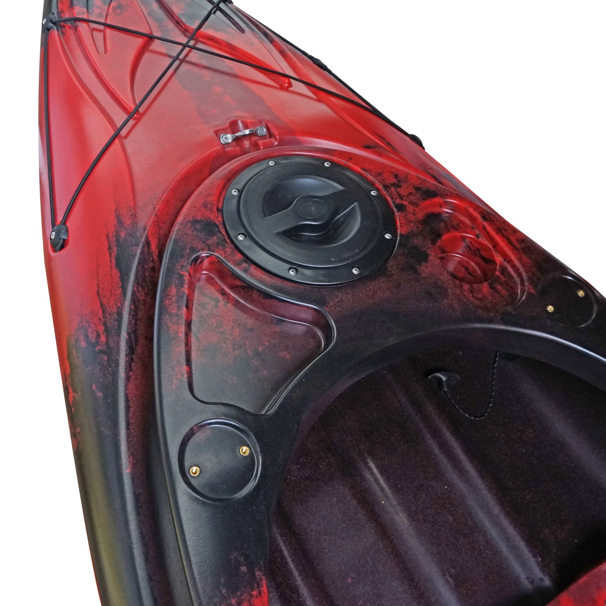 Side profile of the Cambridge Kayaks single sit inside leisure fishing kayak in red black fade, built for comfort, control, and sleek water performance.