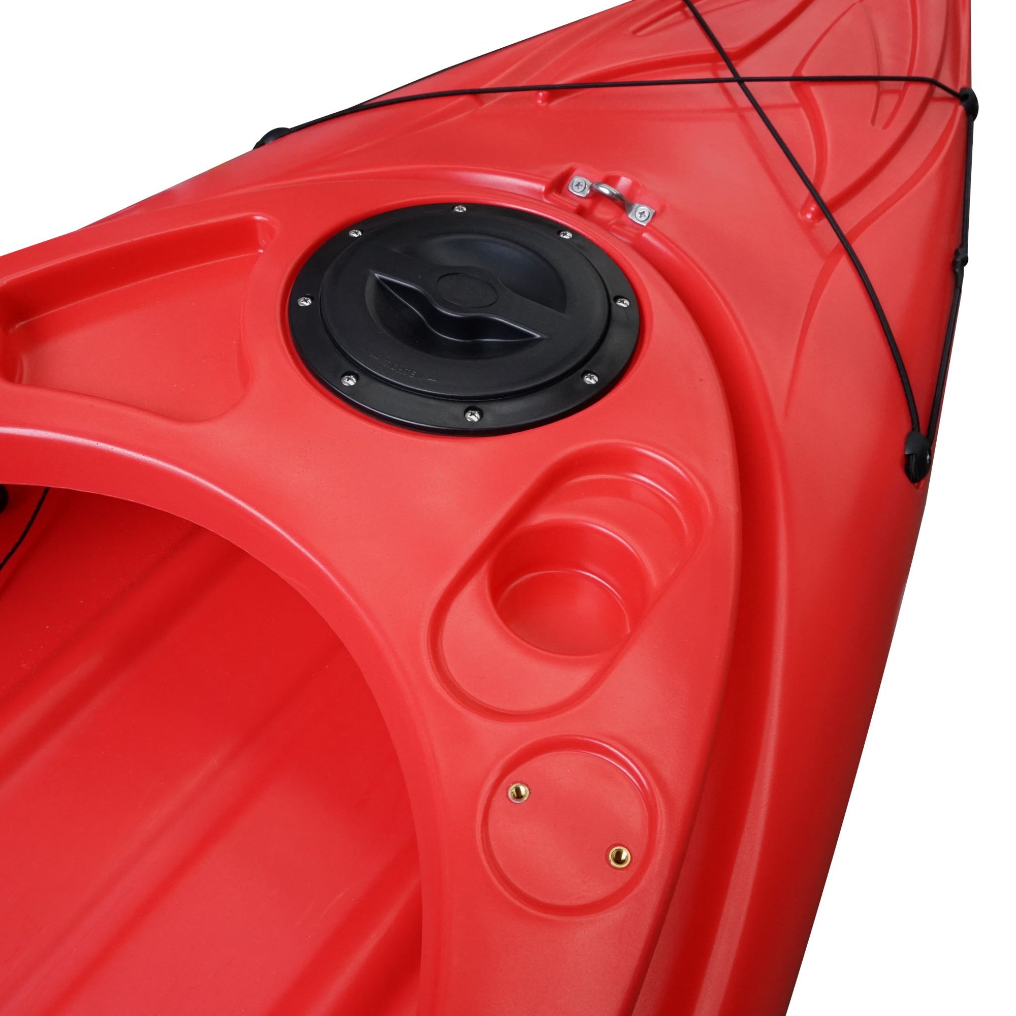 Cockpit view of the Cambridge Kayaks single sit inside leisure fishing kayak in red, showing molded seating, storage hatch, and contoured deck design.