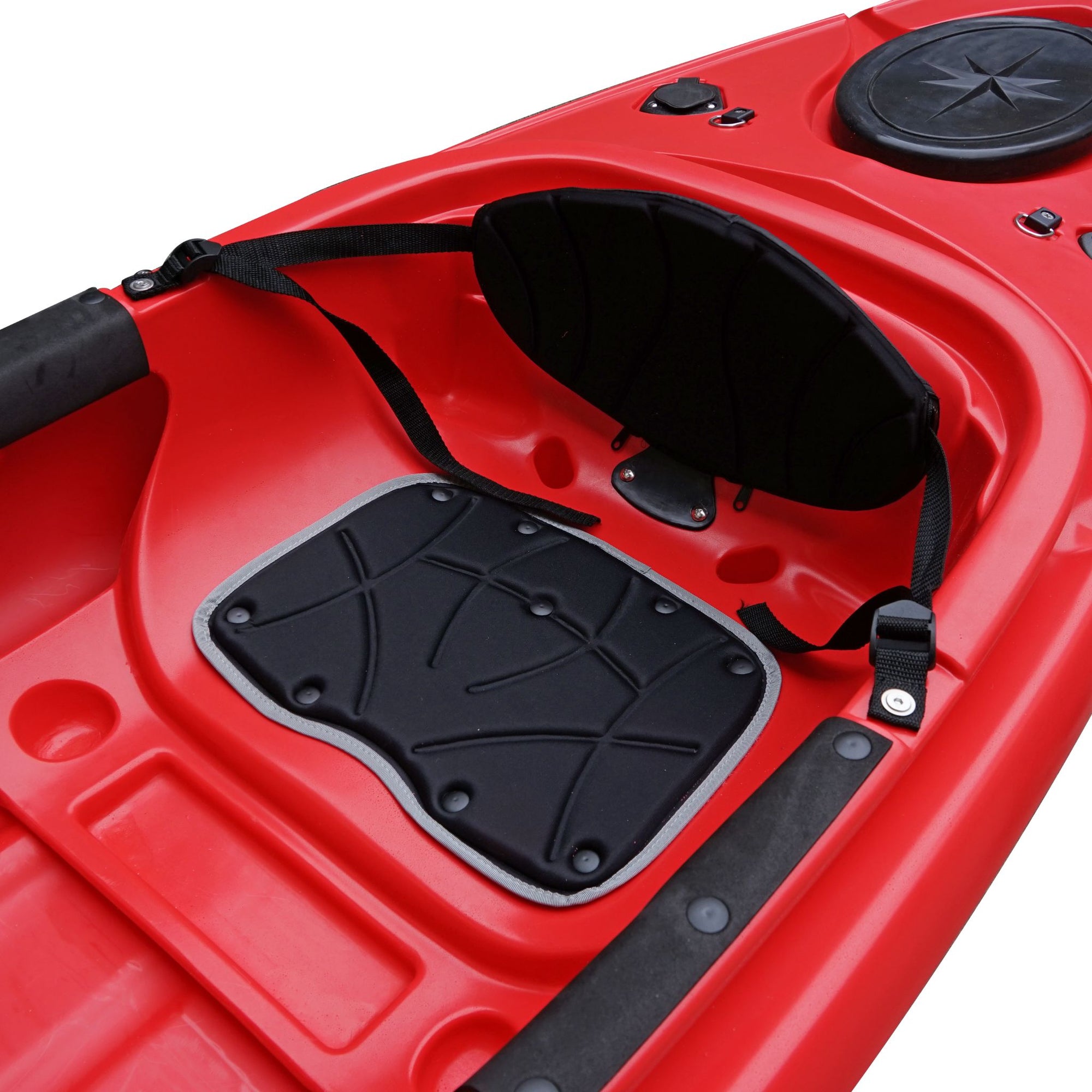Deck detail of the Cambridge Kayaks single sit inside leisure fishing kayak in red, focusing on front hatch cover, grip texture, and bungee tie-down points.