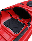 Deck detail of the Cambridge Kayaks single sit inside leisure fishing kayak in red, focusing on front hatch cover, grip texture, and bungee tie-down points.