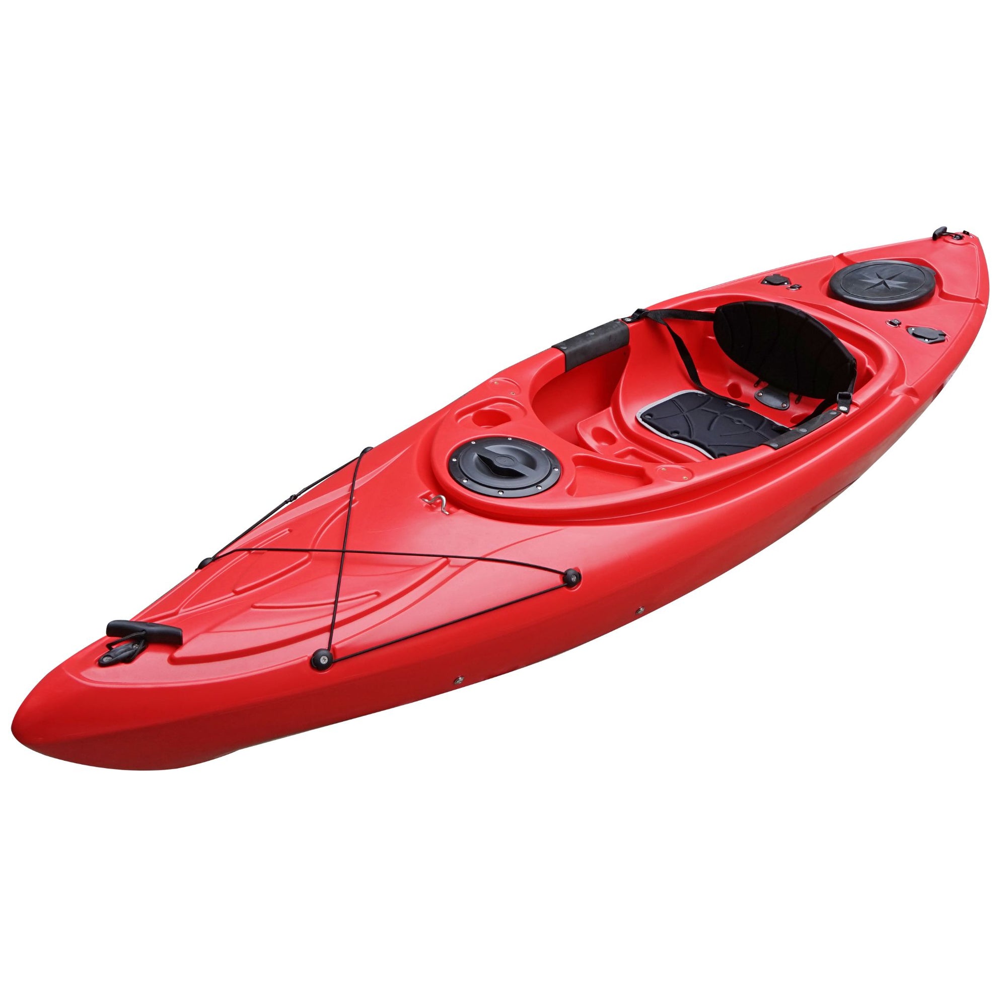Cambridge Kayaks single sit inside leisure fishing kayak in red, front angled view highlighting streamlined shape and durable polyethylene hull for stability.