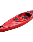 Cambridge Kayaks single sit inside leisure fishing kayak in red, front angled view highlighting streamlined shape and durable polyethylene hull for stability.