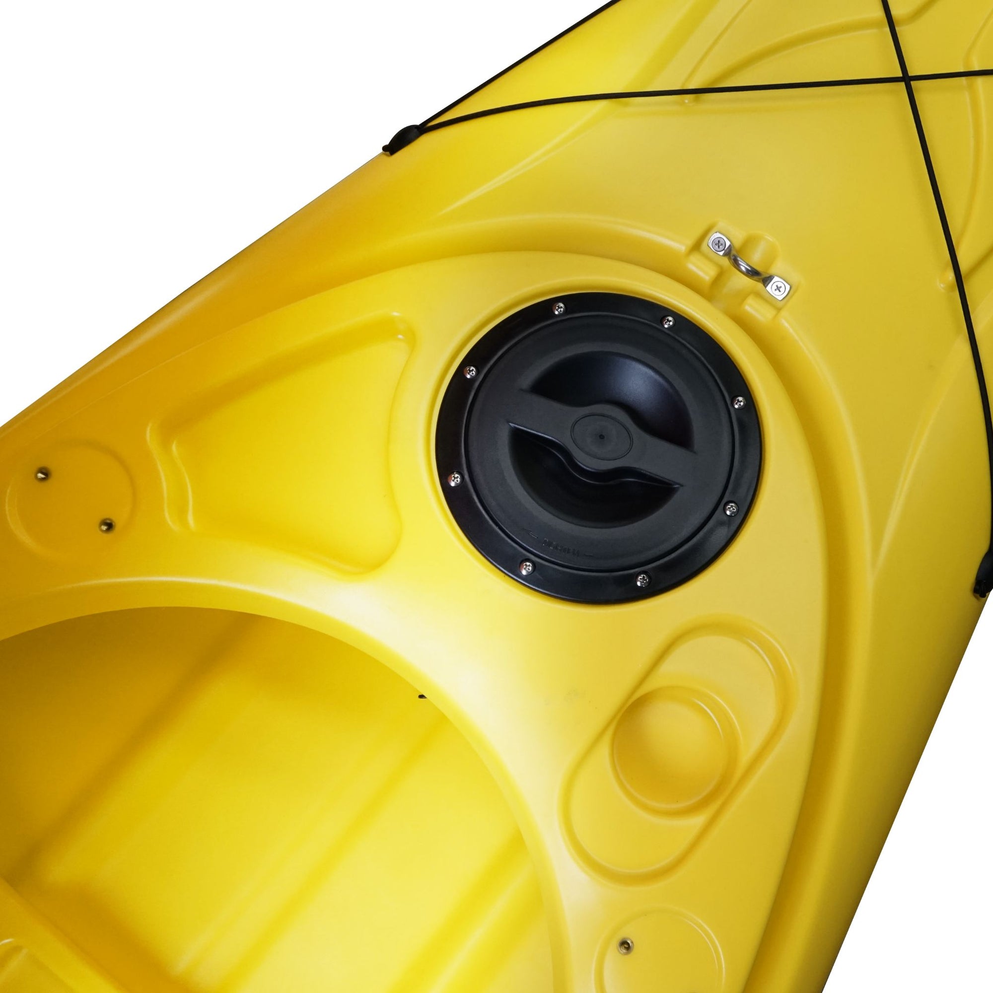Cockpit view of the Cambridge Kayaks single sit inside leisure fishing kayak in yellow, showing molded seat, storage hatch, and deck layout.