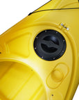 Cockpit view of the Cambridge Kayaks single sit inside leisure fishing kayak in yellow, showing molded seat, storage hatch, and deck layout.