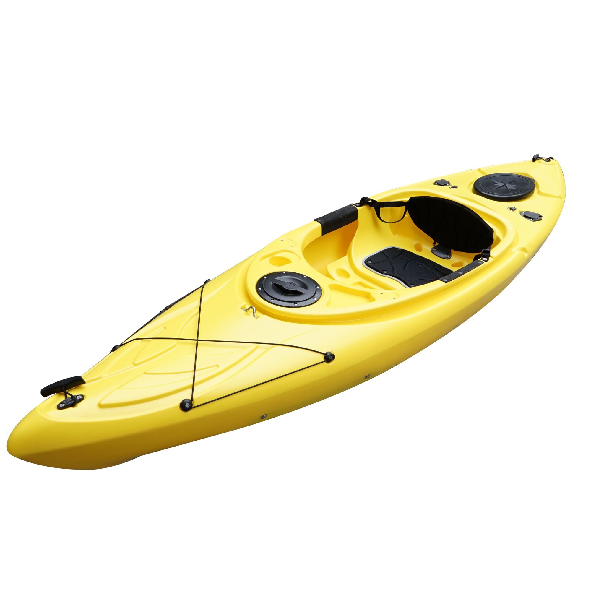 Deck detail of the Cambridge Kayaks single sit inside leisure fishing kayak in yellow, highlighting watertight hatch, bungee cords, and footrests.