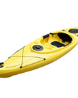 Deck detail of the Cambridge Kayaks single sit inside leisure fishing kayak in yellow, highlighting watertight hatch, bungee cords, and footrests.