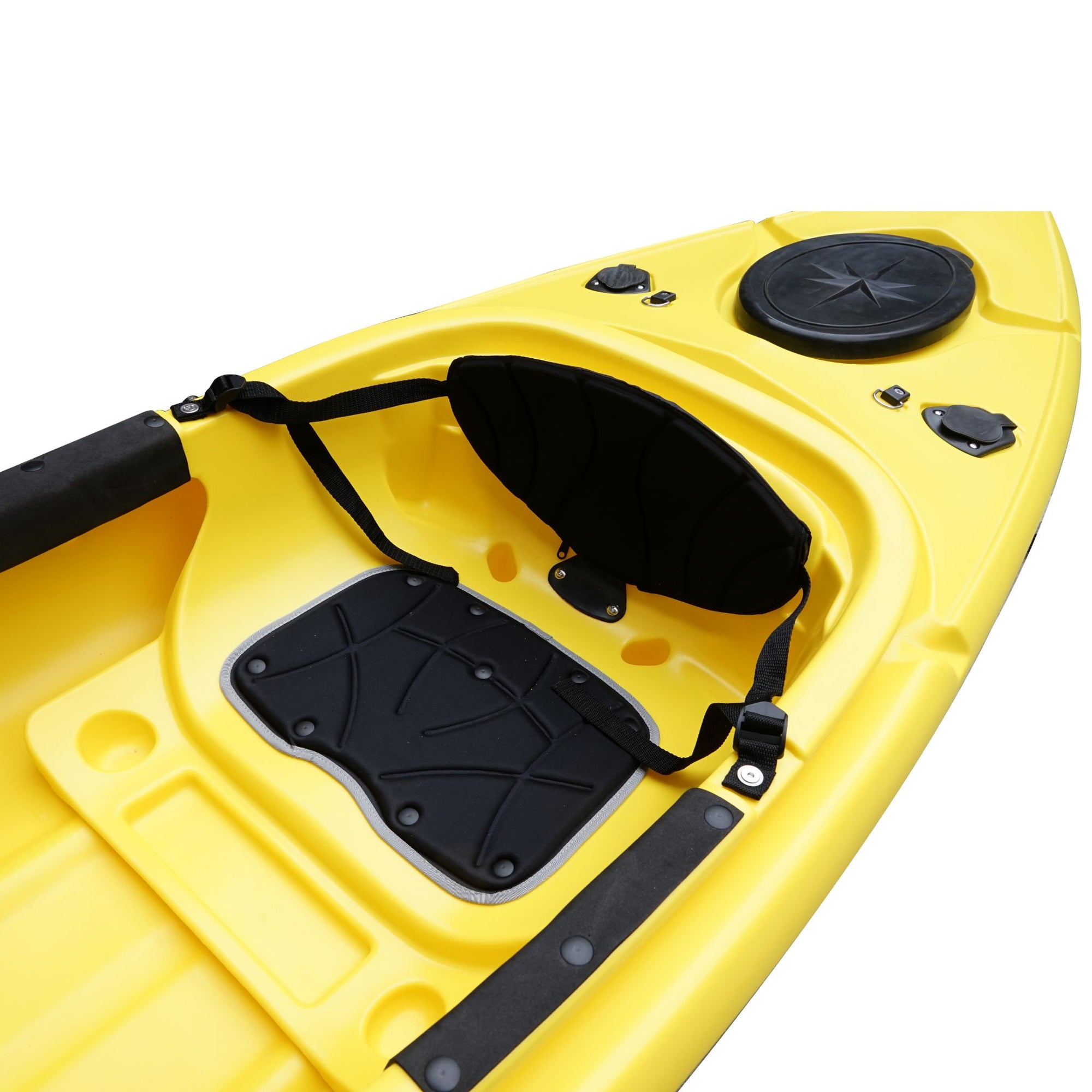 Side profile of the Cambridge Kayaks single sit inside leisure fishing kayak in yellow, bright high-visibility colour ideal for lakes and rivers.