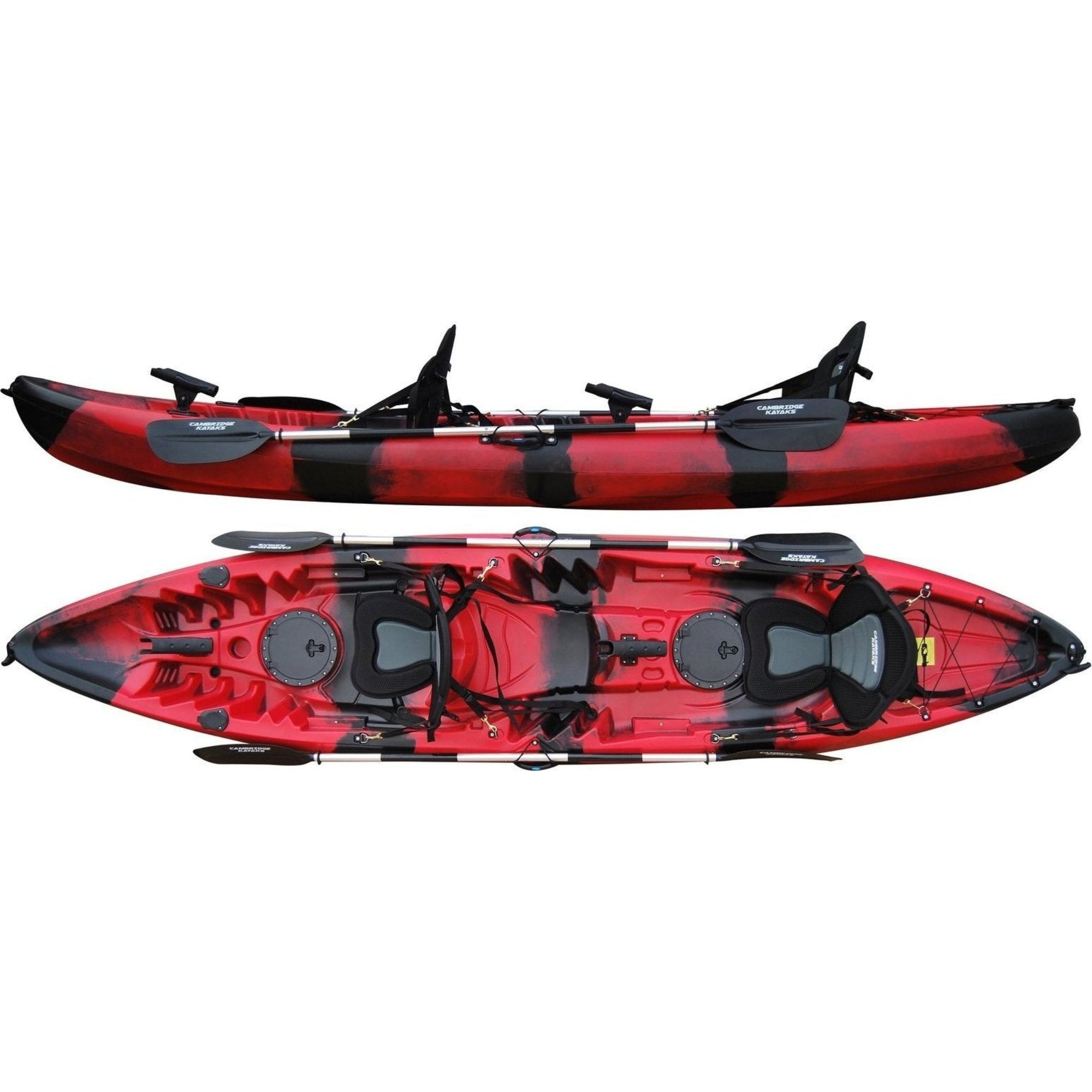 Cambridge Kayaks Sun Fish double sit on top kayak in red camo, versatile fishing kayak with moulded seats and storage, perfect for rivers, coastal touring and leisure use