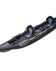 Cambridge Kayaks Sunfish Double Fishing Kayak in black finish, rear-to-front angle highlighting cargo bungee well and drainage holes ideal for UK angling.