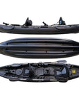 Cambridge Kayaks Sunfish Double Fishing Kayak in sleek black finish, displaying detailed top, bottom, and side images of the hull shape, seat configuration, and deck fittings designed for performance and comfort in UK waters.