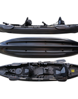 Cambridge Kayaks Sunfish Double Fishing Kayak in sleek black finish, displaying detailed top, bottom, and side images of the hull shape, seat configuration, and deck fittings designed for performance and comfort in UK waters.
