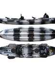 Cambridge Kayaks Sunfish Double Fishing Kayak in black white camo colour, showing full top, bottom, and side profile views highlighting the hull design, seat layout, and stability features for UK anglers and family kayakers.