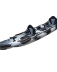 Cambridge Kayaks Sunfish Double Fishing Kayak in black white camo, angled top image highlighting seating positions and scupper plugs for drainage in UK waters.