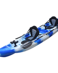 Cambridge Kayaks Sunfish Double Fishing Kayak in blue camo, rear-facing view displaying cargo well, drainage plugs and seat mounts for UK leisure or fishing adventures.