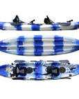 Cambridge Kayaks Sunfish Double Fishing Kayak in blue white colour, full top-down view showing two seating positions, storage hatches and deck layout for UK coastal or lake paddling.