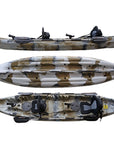 Cambridge Kayaks Sunfish Double Fishing Kayak in desert camo pattern, top-down shot highlighting rod holders and central storage area for sea and river angling in the UK.
